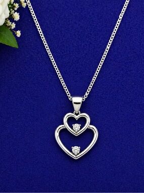 Silver Double Heart Pendant Necklace with Cubic Zirconia